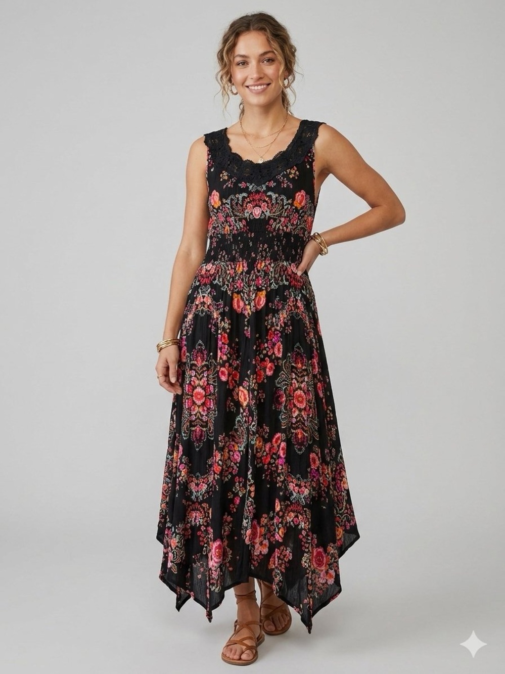 Bila Black Maxi Dress with Pink & Red Floral Print